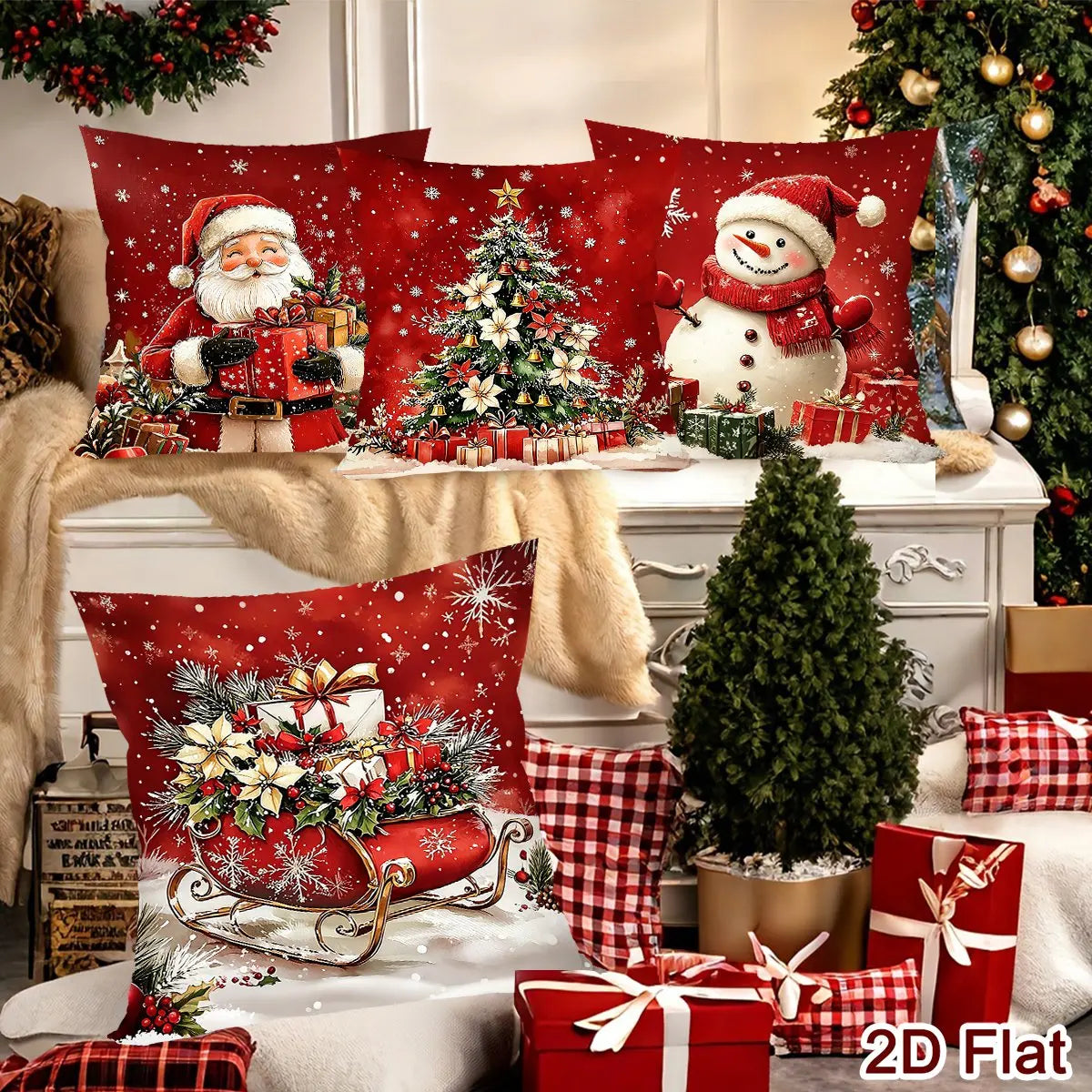 Conjunto de 4 Capas de Almofada de Natal com Papai Noel e Boneco de Neve, Decoração de Natal para Sofá e Quarto, Suprimentos para Festa de Ano Novo