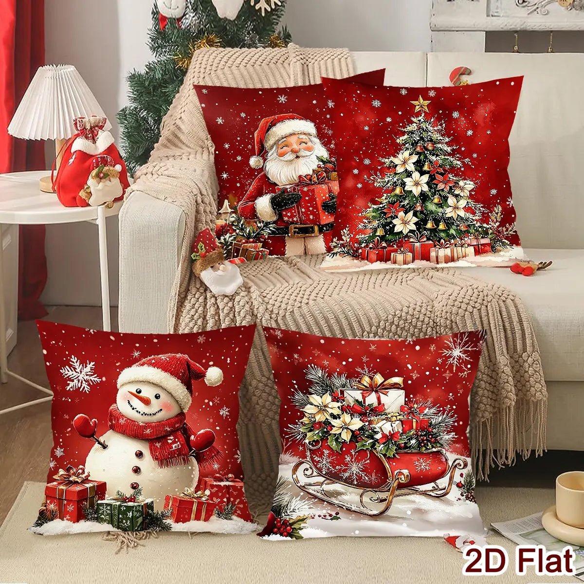 Conjunto de 4 Capas de Almofada de Natal com Papai Noel e Boneco de Neve, Decoração de Natal para Sofá e Quarto, Suprimentos para Festa de Ano Novo