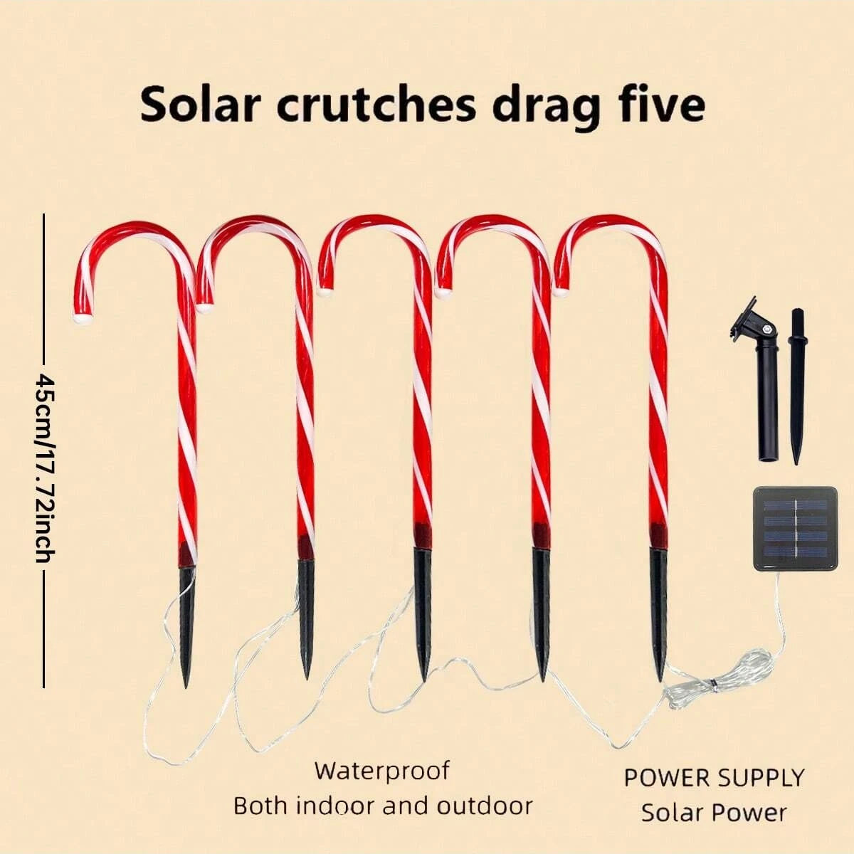 5 pçs luzes de cana de doces solares de natal com 8 modos luzes de caminho adequadas para quintal garagem gramado jardim decoração de árvore de natal