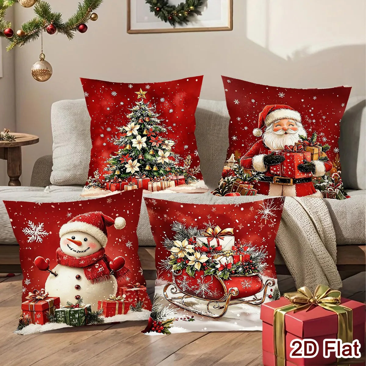 Conjunto de 4 Capas de Almofada de Natal com Papai Noel e Boneco de Neve, Decoração de Natal para Sofá e Quarto, Suprimentos para Festa de Ano Novo
