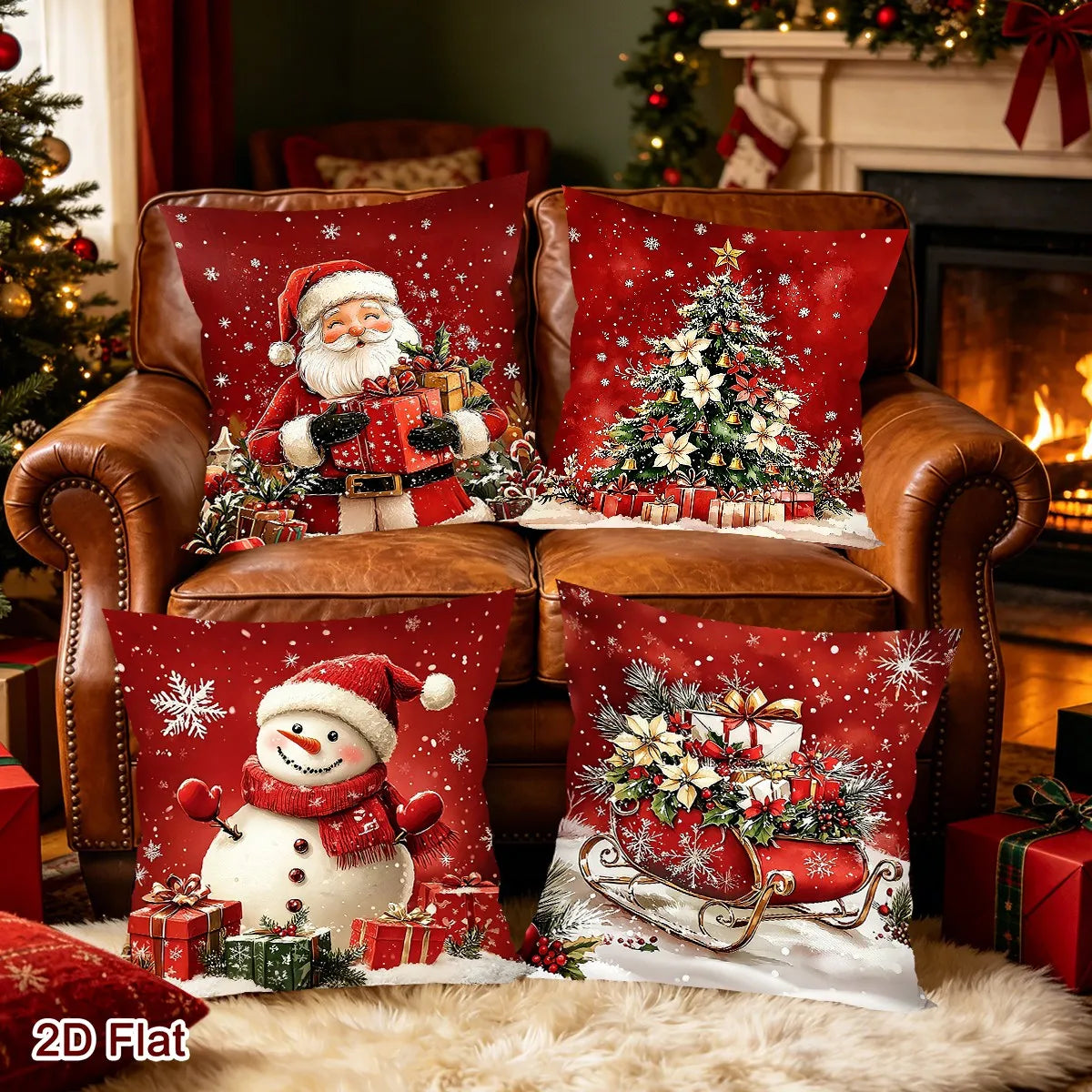 Conjunto de 4 Capas de Almofada de Natal com Papai Noel e Boneco de Neve, Decoração de Natal para Sofá e Quarto, Suprimentos para Festa de Ano Novo