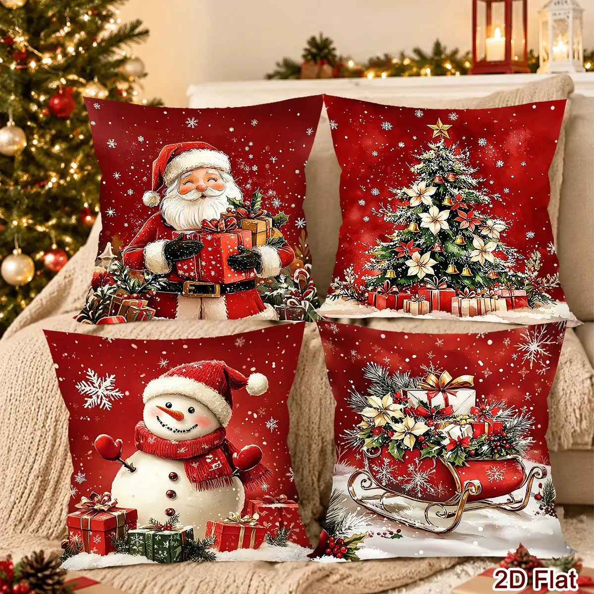 Conjunto de 4 Capas de Almofada de Natal com Papai Noel e Boneco de Neve, Decoração de Natal para Sofá e Quarto, Suprimentos para Festa de Ano Novo